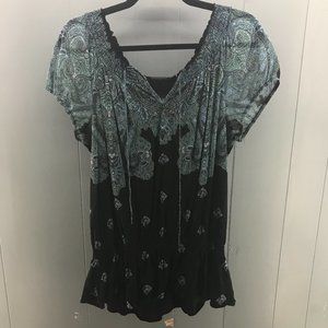 INC teal and black paisley smocked waist peasant top size XL